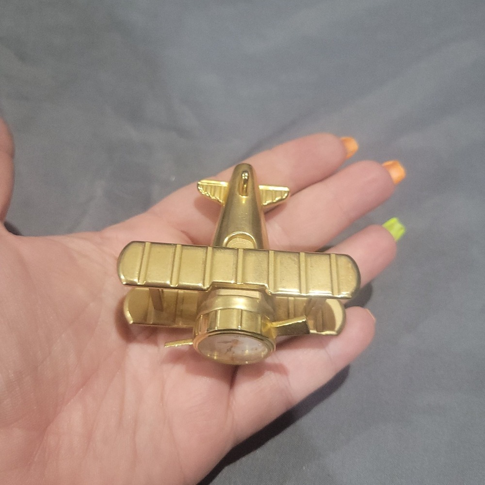 Vintage Elgin Brass Bi-plane Desk Clock Airplane